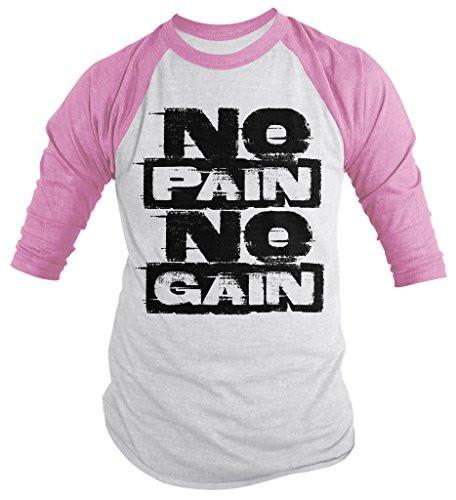 Shirts By Sarah Men's Workout Shirt No Pain No Gain Gym 3/4 Sleeve Raglan Shirts-Shirts By Sarah