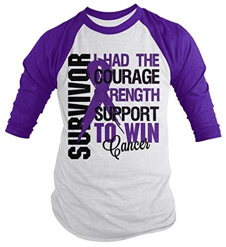 Shirts By Sarah Men's Cancer Survivor Shirt 3/4 Sleeve Raglan Shirts Purple Ribbon-Shirts By Sarah