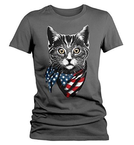 Shirts By Sarah Women's American Cat T-Shirt Americat Patriotic Shirts 4th July Flag-Shirts By Sarah