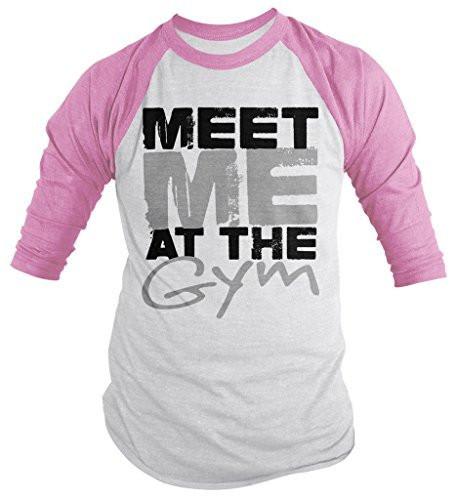 Shirts By Sarah Men's Workout Shirt Meet Me At Gym 3/4 Sleeve Raglan Shirts-Shirts By Sarah