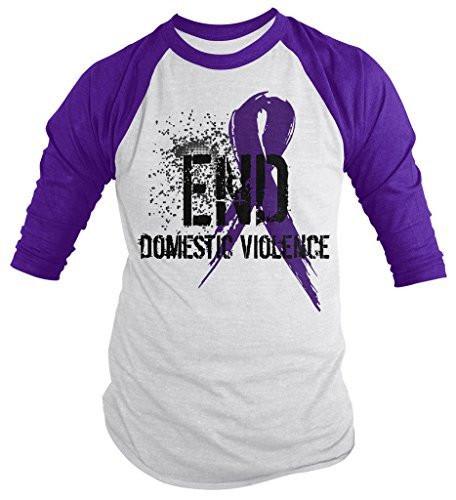 Shirts By Sarah Men's End Domestic Violence Purple Ribbon Shirt 3/4 Sleeve Raglan Shirts-Shirts By Sarah