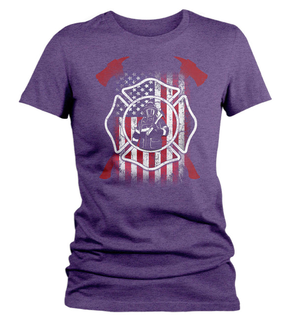 Women's Firefighter Shirt American Firefighter T Shirt Gift Idea Flag Patriotic Fireman Gift U.S. Flag Tee Ladies V Neck-Shirts By Sarah