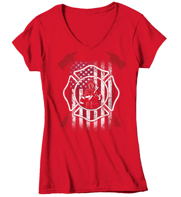 Women's V-Neck Firefighter Shirt American Firefighter T Shirt Gift Idea Flag Patriotic Fireman Gift U.S. Flag Tee Ladies V Neck-Shirts By Sarah
