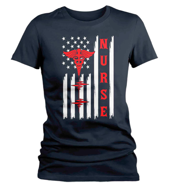 Women's Nurse Flag Shirt American Flag Nursing Caduceus T Shirt Gift Patriotic ER Registered Licensed Practical RN LPN TShirt Ladies Woman-Shirts By Sarah