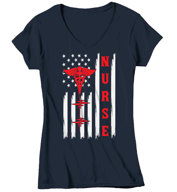 Women's V-Neck Nurse Flag Shirt American Flag Nursing Caduceus T Shirt Gift Patriotic ER Registered Licensed Practical RN LPN TShirt Ladies Woman-Shirts By Sarah