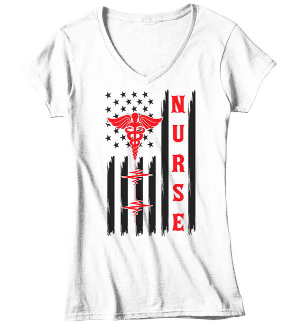 Women's V-Neck Nurse Flag Shirt American Flag Nursing Caduceus T Shirt Gift Patriotic ER Registered Licensed Practical RN LPN TShirt Ladies Woman-Shirts By Sarah