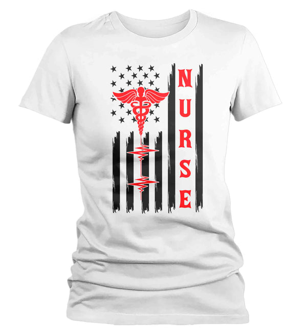 Women's Nurse Flag Shirt American Flag Nursing Caduceus T Shirt Gift Patriotic ER Registered Licensed Practical RN LPN TShirt Ladies Woman-Shirts By Sarah