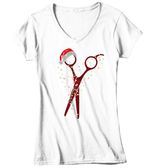 Women's V-Neck Barber Christmas T Shirt Stylist Shirt Xmas Tee Beautician Gift Idea Hairdresser Tshirt Hair Cut Salon Gift Ladies-Shirts By Sarah