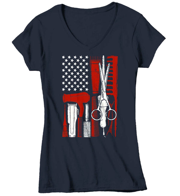 Women's V-Neck Barber Shirt Flag TShirt Patriotic Barber American Flag T Shirt Hairdresser Shirt Barber Gifts 4th July Patriot Ladies V-Neck-Shirts By Sarah