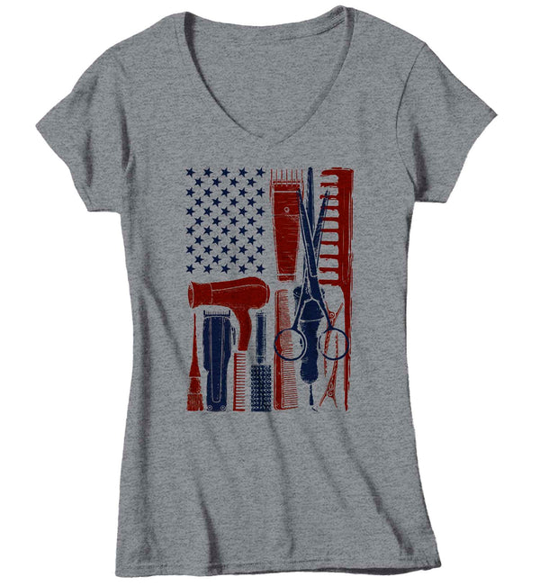 Women's V-Neck Barber Shirt Flag TShirt Patriotic Barber American Flag T Shirt Hairdresser Shirt Barber Gifts 4th July Patriot Ladies V-Neck-Shirts By Sarah