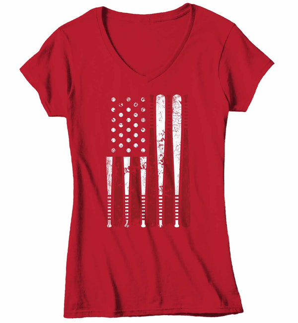 Women's V-Neck Baseball Flag T Shirt Patriotic Baseball Shirt American Flag Shirt Baseball Gift Idea-Shirts By Sarah