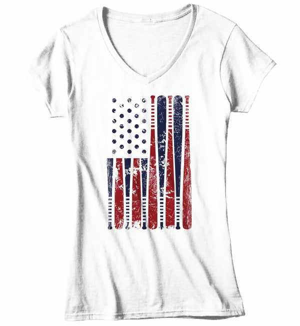 Women's V-Neck Baseball Flag T Shirt Patriotic Baseball Shirt American Flag Shirt Baseball Gift Idea-Shirts By Sarah