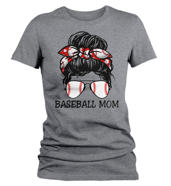 Women's Cute Baseball Mom Shirt Messy Bun T Shirt Baseball Mom Tee Hair Bandana Graphic Tee Baller Mom Ladies V-Neck Soft-Shirts By Sarah