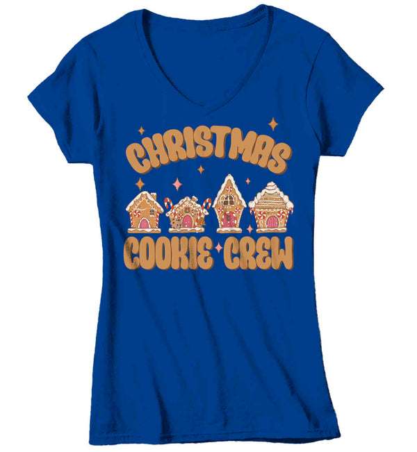 Women's V-Neck Christmas T Shirt Cookie Crew Matching Retro Xmas Holiday Baking Team Gingerbread House Baker Shirts Cute Graphic Tee Ladies-Shirts By Sarah