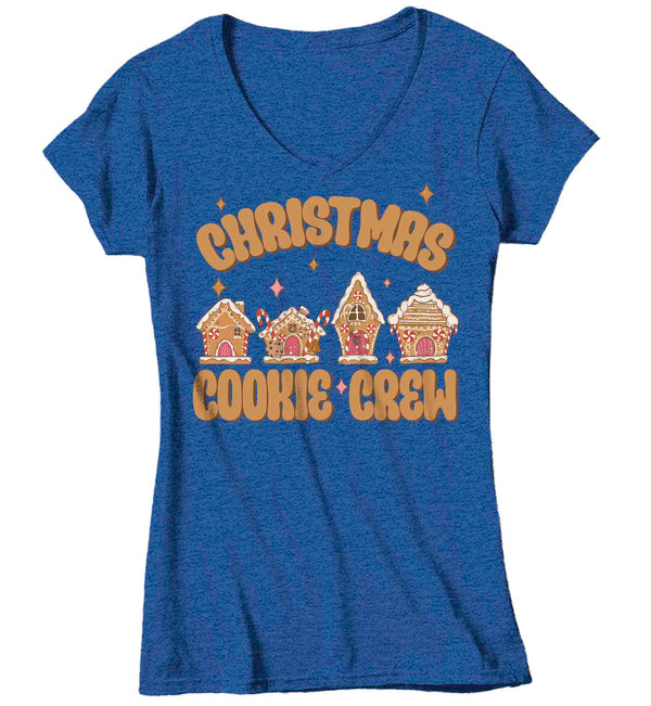 Women's V-Neck Christmas T Shirt Cookie Crew Matching Retro Xmas Holiday Baking Team Gingerbread House Baker Shirts Cute Graphic Tee Ladies-Shirts By Sarah