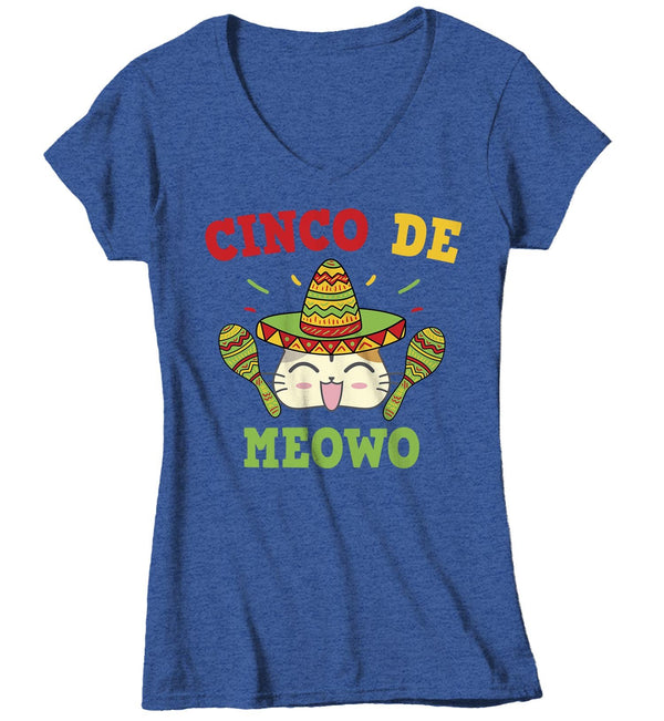 Women's V-Neck Cinco De Mayo T Shirt Cinco De Meowo Shirt Funny Cinco De Mayo Cat Shirt Meowo Shirt Fun Tee-Shirts By Sarah