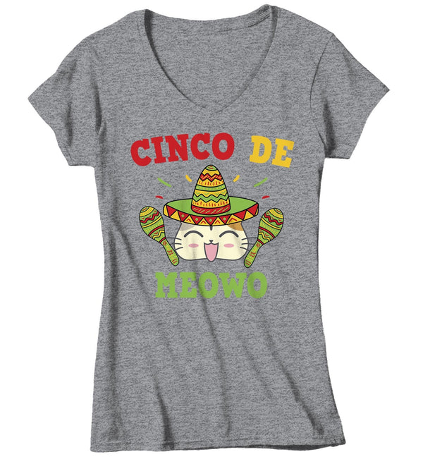 Women's V-Neck Cinco De Mayo T Shirt Cinco De Meowo Shirt Funny Cinco De Mayo Cat Shirt Meowo Shirt Fun Tee-Shirts By Sarah