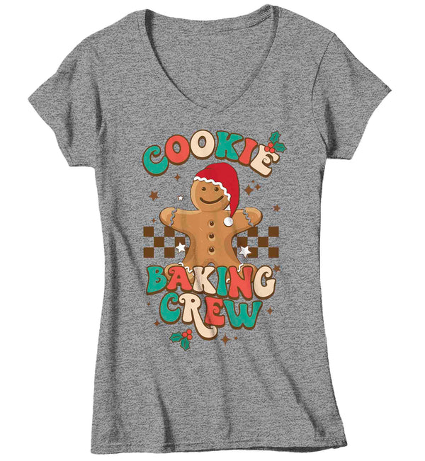 Women's V-Neck Christmas T Shirt Cookie Baking Crew Matching Xmas Holiday Baking Team Gingerbread Shirts Cute Graphic Tee Ladies-Shirts By Sarah