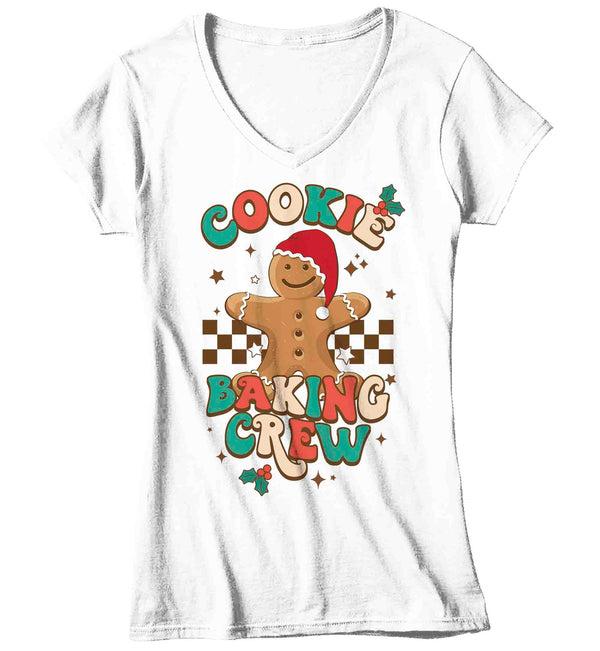 Women's V-Neck Christmas T Shirt Cookie Baking Crew Matching Xmas Holiday Baking Team Gingerbread Shirts Cute Graphic Tee Ladies-Shirts By Sarah