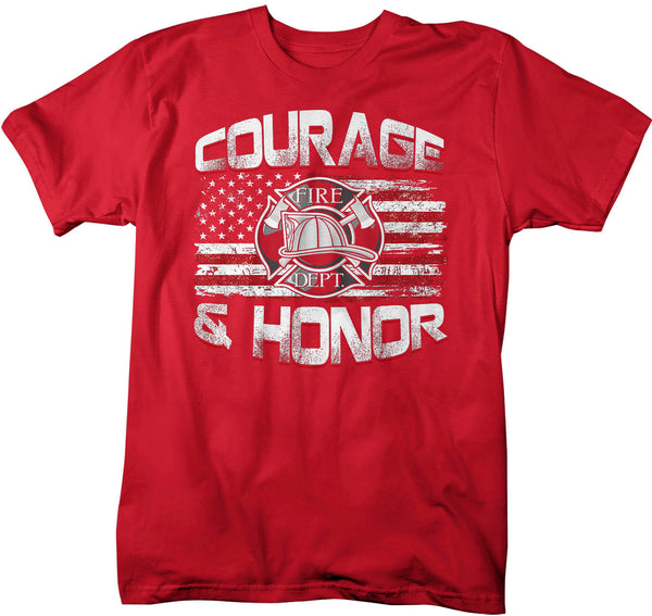 Men's Firefighter Shirt Firefighter Flag T Shirt Fireman Gift Idea Firefighter Gift Courage Honor Tee Unisex Man Man's Soft Tee-Shirts By Sarah