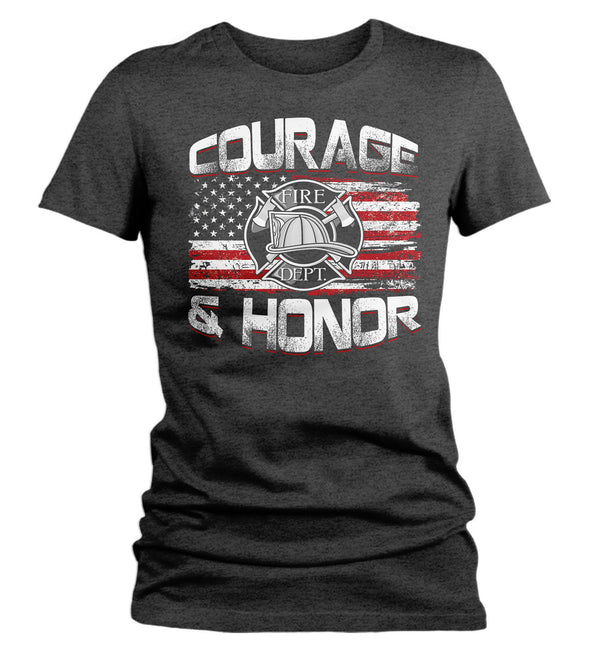 Women's Firefighter Shirt Firefighter Flag T Shirt Fireman Gift Idea Firefighter Gift Courage Honor Tee Ladies V Neck Soft Tee-Shirts By Sarah