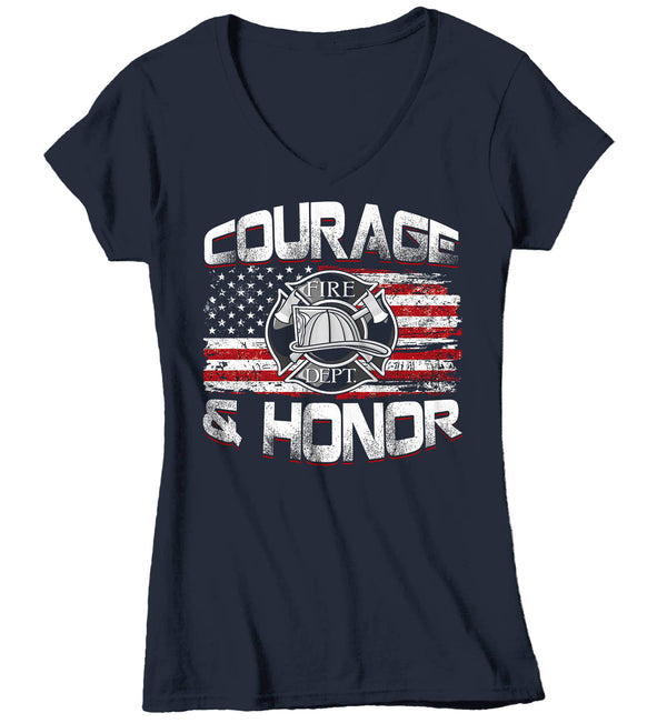 Women's V-Neck Firefighter Shirt Firefighter Flag T Shirt Fireman Gift Idea Firefighter Gift Courage Honor Tee Ladies V Neck Soft Tee-Shirts By Sarah