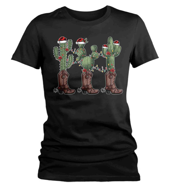 Women's Christmas Tree Shirt Cowboy XMas Lights Cactus T Shirt Cute Tee Western Desert Country Holiday Funny Graphic Tshirt Ladies-Shirts By Sarah