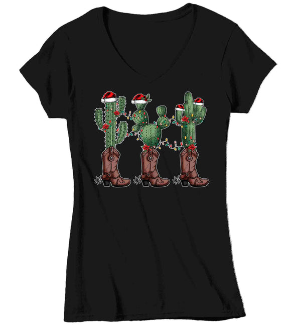 Women's V-Neck Christmas Tree Shirt Cowboy XMas Lights Cactus T Shirt Cute Tee Western Desert Country Holiday Funny Graphic Tshirt Ladies-Shirts By Sarah