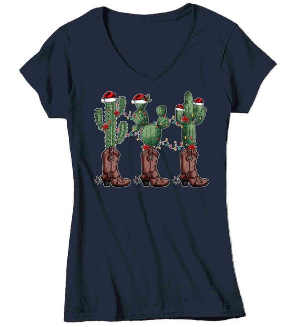 Women's V-Neck Christmas Tree Shirt Cowboy XMas Lights Cactus T Shirt Cute Tee Western Desert Country Holiday Funny Graphic Tshirt Ladies-Shirts By Sarah