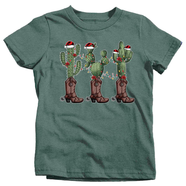 Kids Christmas Tree Shirt Cowboy XMas Lights Cactus T Shirt Cute Tee Western Desert Country Holiday Funny Graphic Tshirt Unisex Youth-Shirts By Sarah