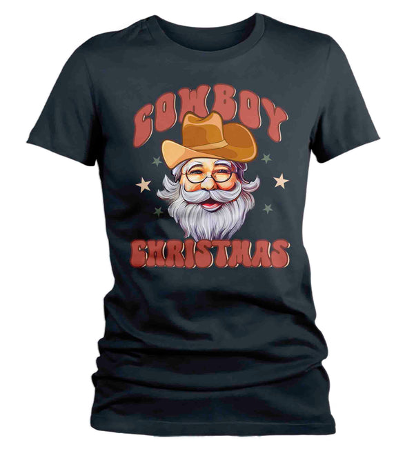 Women's Cowboy Christmas Shirt Santa Cow Boy Hat XMas Happy Desert Cute Tee Western Country Holiday Funny Graphic Tshirt Ladies-Shirts By Sarah