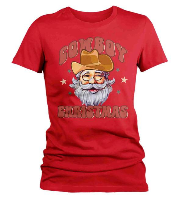 Women's Cowboy Christmas Shirt Santa Cow Boy Hat XMas Happy Desert Cute Tee Western Country Holiday Funny Graphic Tshirt Ladies-Shirts By Sarah