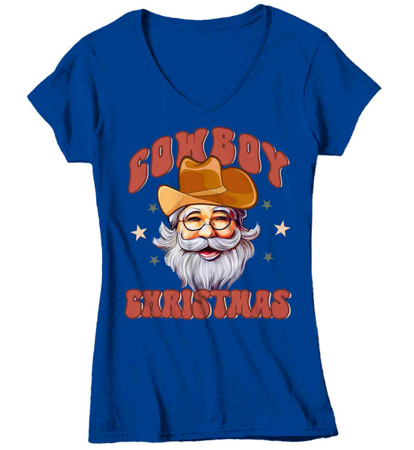 Women's V-Neck Cowboy Christmas Shirt Santa Cow Boy Hat XMas Happy Desert Cute Tee Western Country Holiday Funny Graphic Tshirt Ladies-Shirts By Sarah