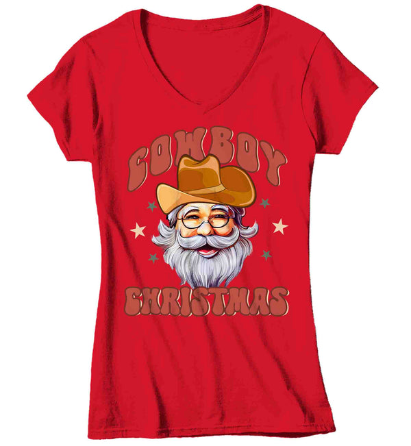 Women's V-Neck Cowboy Christmas Shirt Santa Cow Boy Hat XMas Happy Desert Cute Tee Western Country Holiday Funny Graphic Tshirt Ladies-Shirts By Sarah