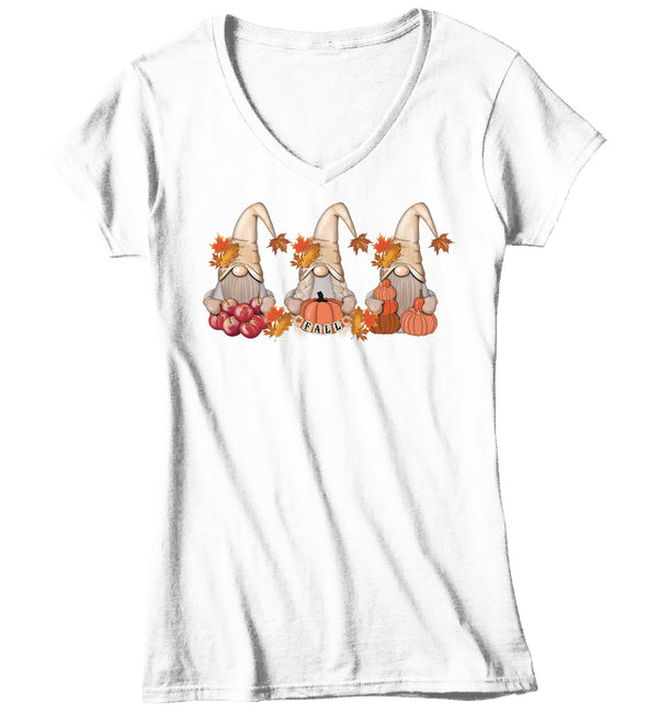 Women's V-Neck Fall Gnomes T Shirt Cute Fall Shirt Fall Pumpkin Vintage Fall Tee Boho Cute Fall Season Tee Apples Gnome Tshirt-Shirts By Sarah