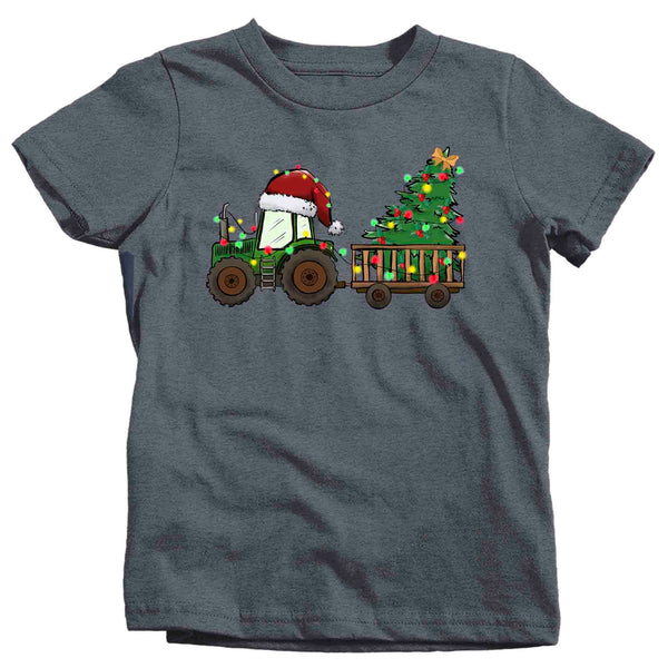 Kids Christmas Shirt Tractor XMas Lights T Shirt Farmer Tee Tree Lights Santa Hat Farming Farm Holiday Funny Graphic Tshirt Unisex Youth-Shirts By Sarah