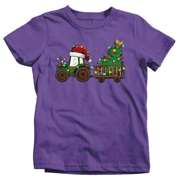 Kids Christmas Shirt Tractor XMas Lights T Shirt Farmer Tee Tree Lights Santa Hat Farming Farm Holiday Funny Graphic Tshirt Unisex Youth-Shirts By Sarah