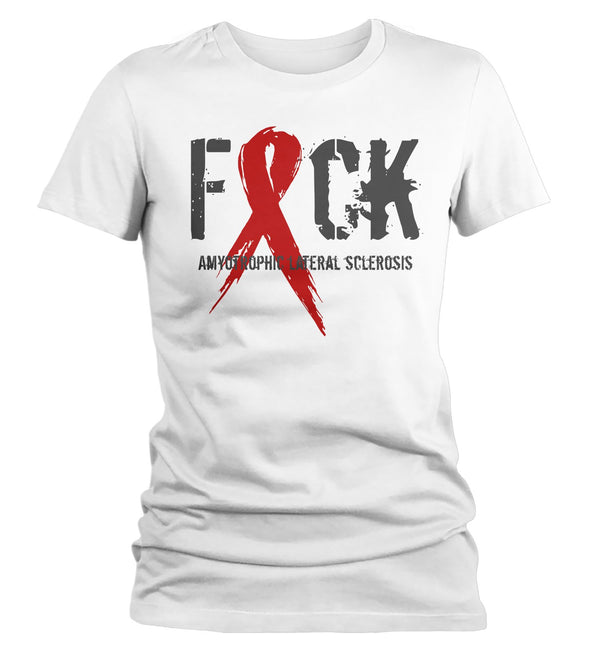 Women's F*ck ALS T-Shirt Red ALS Amyotrophic Lateral Sclerosis Ribbon MS Shirt-Shirts By Sarah