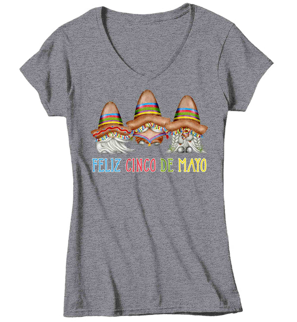 Women's V-Neck Cinco De Mayo Shirt Feliz Cinco De Mayo T Shirt Gnomes Sombrero Graphic Tee Ladies V-Neck Cute Soft Shirt-Shirts By Sarah