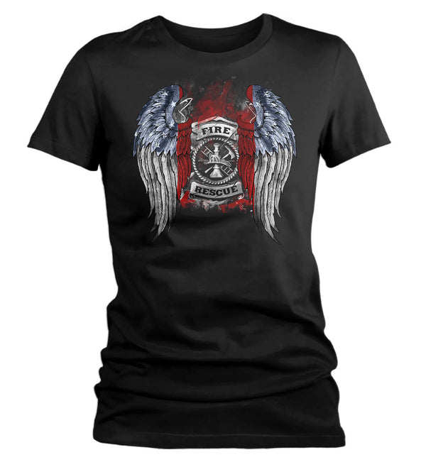Women's Firefighter Shirt Cool Angel Wings T Shirt Blessed Gift Idea Fallen Fireman First Responder Gift U.S. Flag Tee Ladies VNeck-Shirts By Sarah