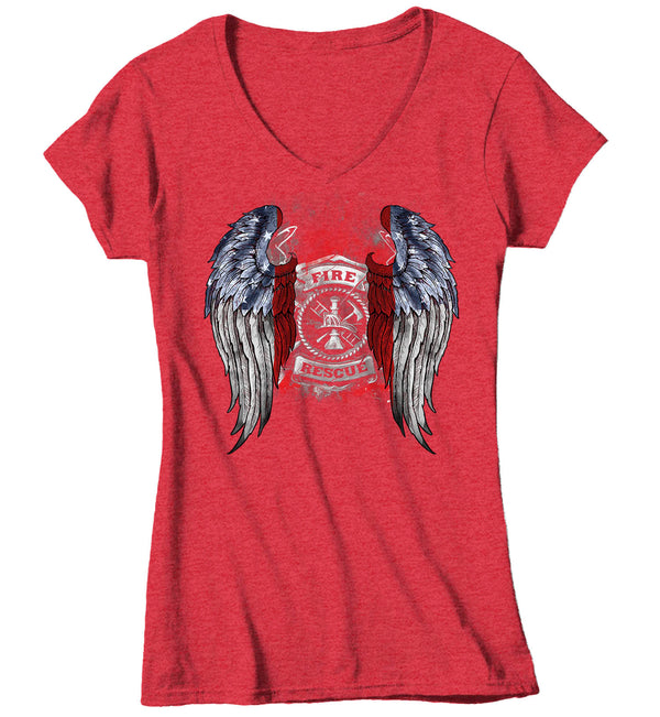 Women's V-Neck Firefighter Shirt Cool Angel Wings T Shirt Blessed Gift Idea Fallen Fireman First Responder Gift U.S. Flag Tee Ladies VNeck-Shirts By Sarah