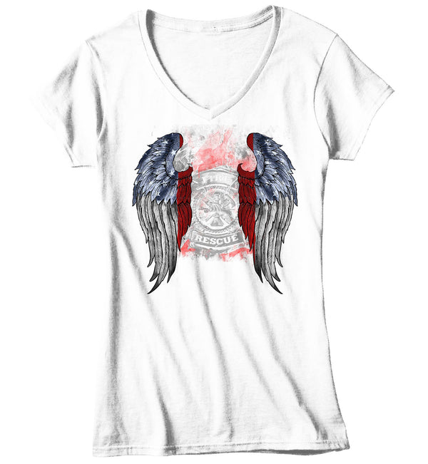 Women's V-Neck Firefighter Shirt Cool Angel Wings T Shirt Blessed Gift Idea Fallen Fireman First Responder Gift U.S. Flag Tee Ladies VNeck-Shirts By Sarah