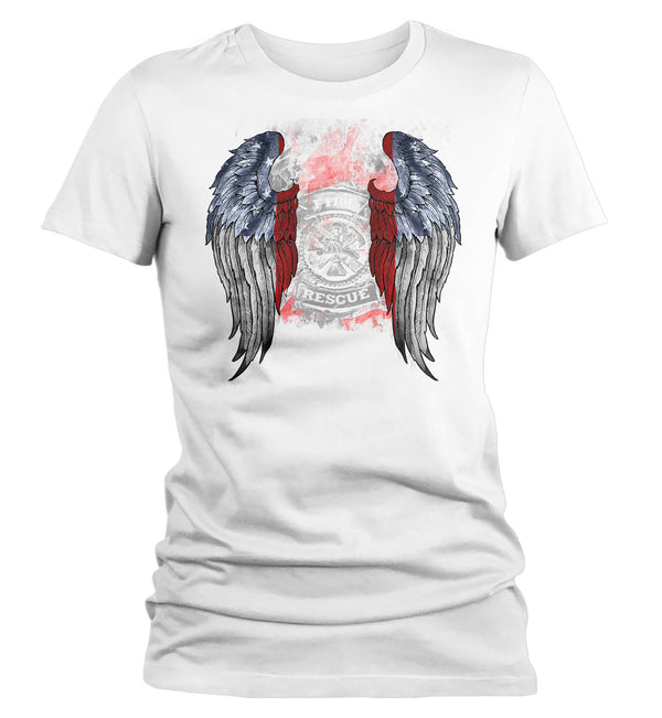 Women's Firefighter Shirt Cool Angel Wings T Shirt Blessed Gift Idea Fallen Fireman First Responder Gift U.S. Flag Tee Ladies VNeck-Shirts By Sarah