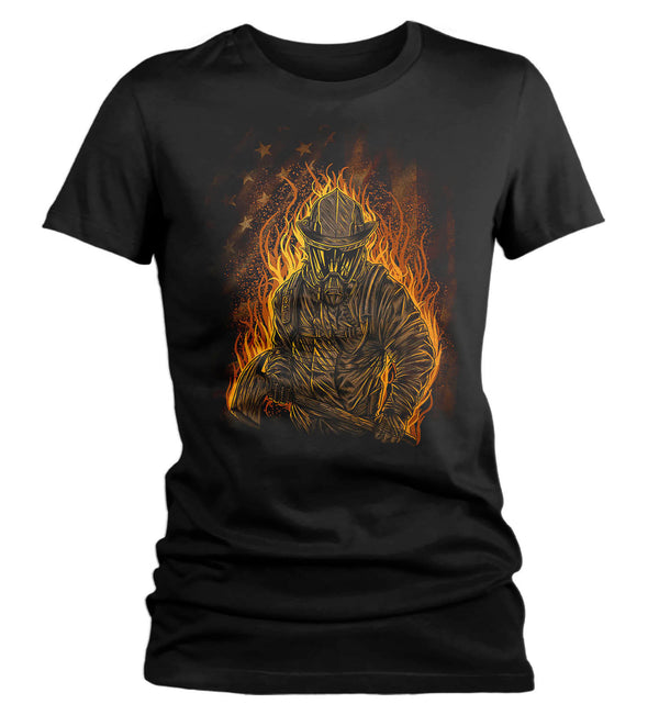Women's Firefighter Shirt Cool Fire Fighter T Shirt Gift Idea Flames Graphic Tee Firewoman Gift U.S. Flag Tee Ladies V Neck-Shirts By Sarah