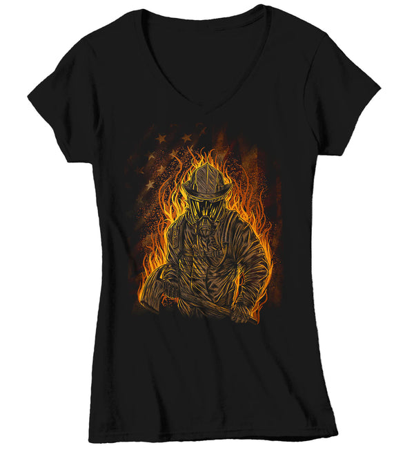 Women's V-Neck Firefighter Shirt Cool Firefighter T Shirt Gift Idea Flames Graphic Tee Firewoman Gift U.S. Flag Tee Ladies V Neck-Shirts By Sarah