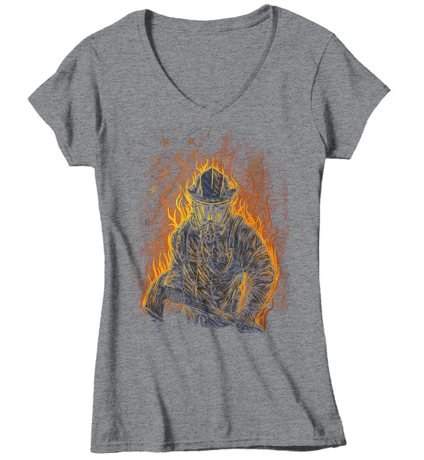 Women's V-Neck Firefighter Shirt Cool Firefighter T Shirt Gift Idea Flames Graphic Tee Firewoman Gift U.S. Flag Tee Ladies V Neck-Shirts By Sarah