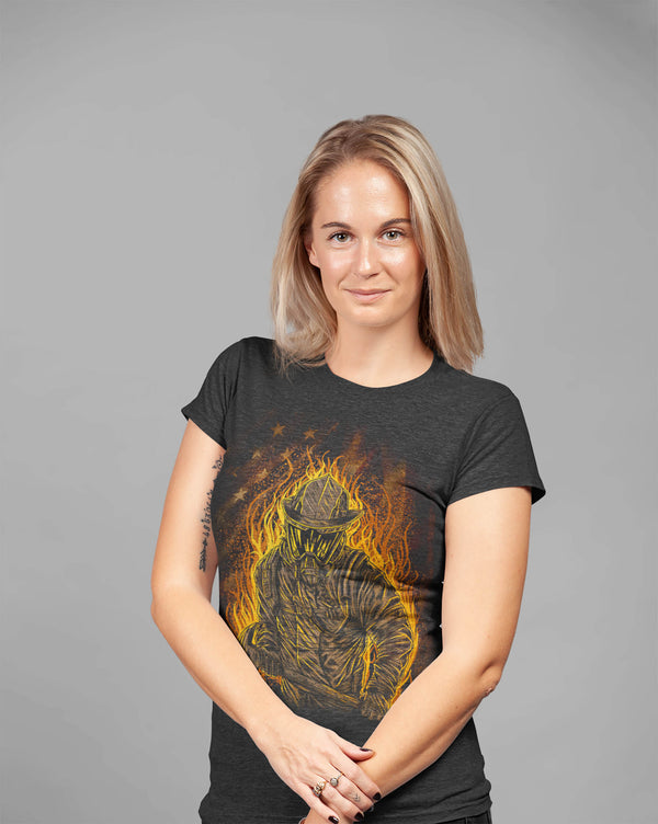 Women's Firefighter Shirt Cool Fire Fighter T Shirt Gift Idea Flames Graphic Tee Firewoman Gift U.S. Flag Tee Ladies V Neck-Shirts By Sarah