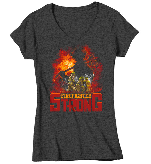 Women's V-Neck Firefighter Shirt Firefighter Strong T Shirt Fireman Gift Idea Firefighter Gift Father's Day Tee Ladies V Neck Soft Tee-Shirts By Sarah