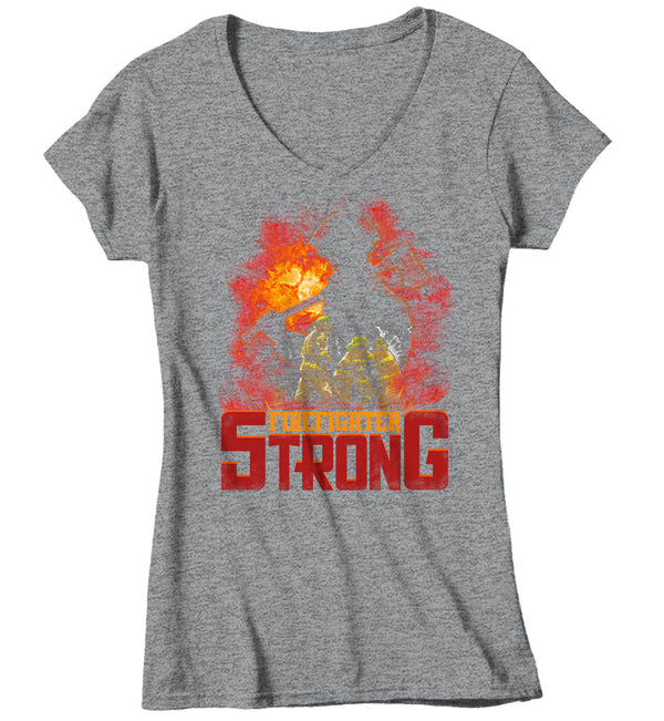 Women's V-Neck Firefighter Shirt Firefighter Strong T Shirt Fireman Gift Idea Firefighter Gift Father's Day Tee Ladies V Neck Soft Tee-Shirts By Sarah