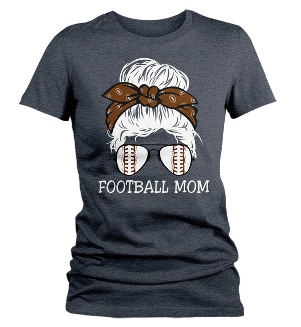 Women's Cute Football Mom Shirt Messy Bun T Shirt Football Mom Tee Hair Bandana Graphic Tee Baller Mom Ladies Soft V-Neck-Shirts By Sarah